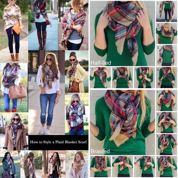 Blanket Scarf Plaid Tartan Tan Red Yellow - Picture 4 of 4